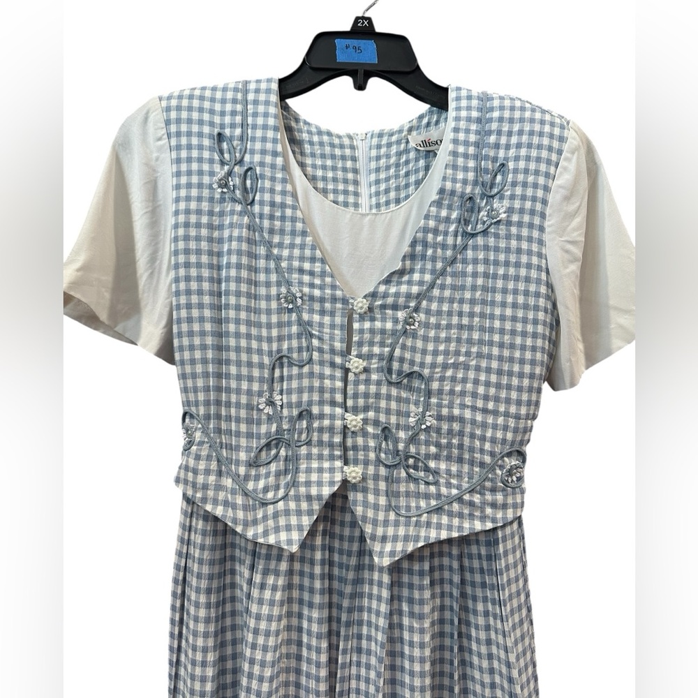 Vintage‎ Allison-Che Blue White Gingham Dress Size 10 Shoulder Pads